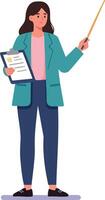 Woman holding clipboard and pointing with stick teaching or presenting in casual outfit illustration vector