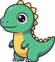 Cute green dinosaur cartoon character with yellow belly and spikes playful design for kids and children vector