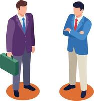 Two businessmen standing and discussing in professional outfits with briefcase and crossed arms illustration vector