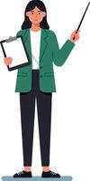 Woman standing holding clipboard and pointing with stick in professional green jacket and black pants illustration vector