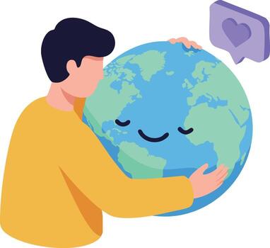 Man hugging smiling Earth globe with love symbol caring for planet environment illustration vector