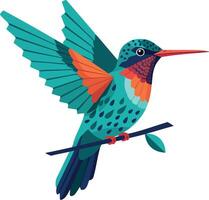 Hummingbird perched on branch with spread wings colorful teal and orange bird design vector
