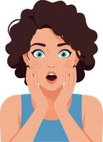 Surprised woman with curly hair and blue top expressing shock and amazement in style illustration vector