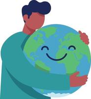 Man hugging happy earth globe illustration showing care and environmental protection concept vector