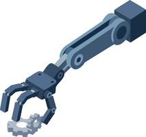 Robotic arm with mechanical claw gripping gear technology and automation machinery design vector