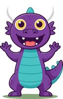 Purple cartoon dragon character with turquoise belly and yellow eyes standing smiling happy illustration vector