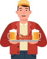 Man holding tray with two mugs of beer and grilled sausages illustration in flat style casual clothing vector