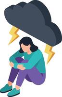 Woman sitting under dark cloud with lightning expressing sadness and depression illustration vector