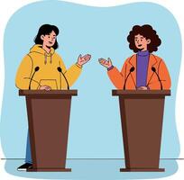 Two people debating on stage with microphones engaging in discussion wearing colorful casual clothing illustration vector