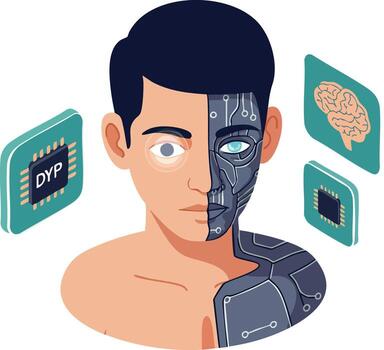 cyborg hombre medio humano medio robot con artificial inteligencia cerebro chip tecnología ilustración vector
