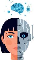 Human and robot half face artificial intelligence concept with brain and microchip technology in blue and gray vector