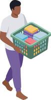 Man carrying laundry basket with folded clothes in casual home setting barefoot illustration vector