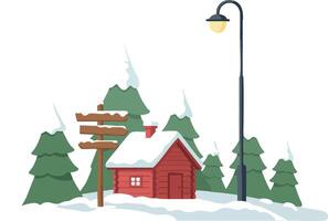 Snowy winter cabin with pine trees street lamp and wooden signpost illustration in simple landscape scene vector