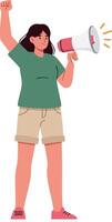 Woman with megaphone protesting holding raised fist in casual clothes illustration vector