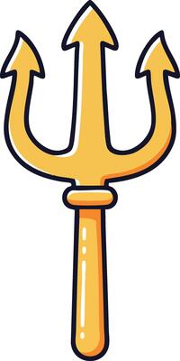 Trident weapon illustration with yellow handle and three pointed prongs for mythology or sea themes