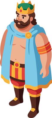 King character with crown and royal blue cape regal medieval male ruler illustration