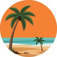 Palm trees on tropical beach with ocean waves under orange sky sunset design circle frame illustration vector