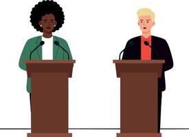 Two diverse people debating on podiums in formal attire with microphones for public speaking and political discussion illustration vector