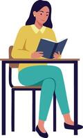 Woman Sitting at Desk Reading Book in Casual Outfit with Yellow Sweater and Teal Pants Illustration vector