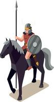 Warrior riding black horse holding spear and shield in medieval armor illustration vector