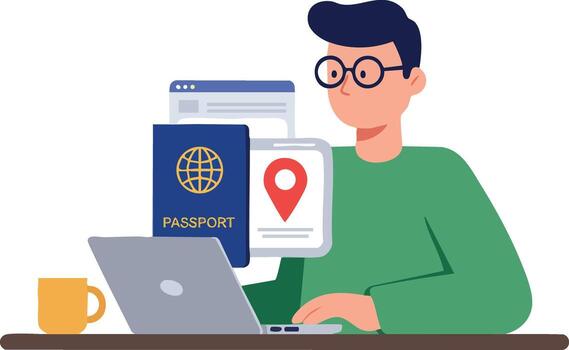 hombre utilizando ordenador portátil con viaje pasaporte y ubicación alfiler buscando para viaje planificación y reserva ideas tecnología vector