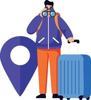 Traveler with binoculars and suitcase near location pin icon for travel and adventure concepts illustration vector