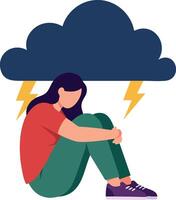Woman sitting under storm cloud with lightning feeling sad and anxious illustration vector