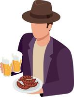 Man with hat holding two glasses of beer and plate of grilled sausages illustration vector