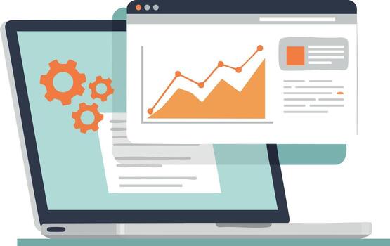 ordenador portátil con engranajes y creciente grafico analítica gráfico para negocio datos análisis y productividad ilustración vector