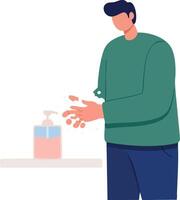 Man washing hands with sanitizer in green sweater and blue pants illustration for hygiene and cleanliness awareness vector