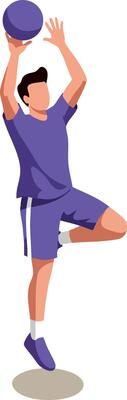 Basketball player in purple uniform jumping for slam dunk illustration in dynamic action pose