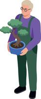 Elderly man holding bonsai tree in pot wearing glasses and purple sweater illustration vector