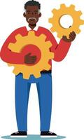 Man holding yellow gears standing and smiling in casual clothing illustration vector