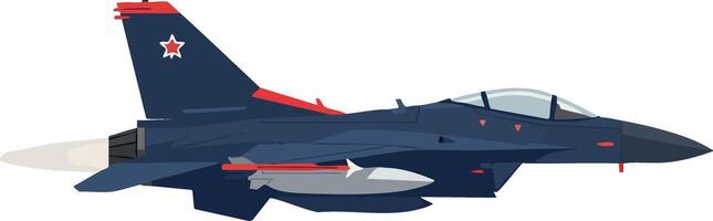 Military jet fighter aircraft with red and blue camouflage and star insignia design for aviation technology and defense systems vector