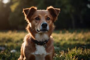 A brown dog sitting in the grass with the sun behind it photo