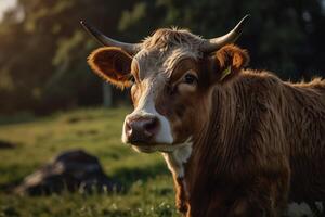 A cow with horns standing in a grassy field photo