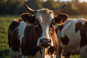 A cow with horns standing in a field photo