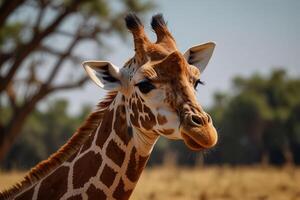 A giraffe standing in a field with trees in the background photo