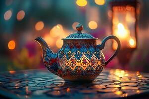 Illuminated colorful decorative teapot photo