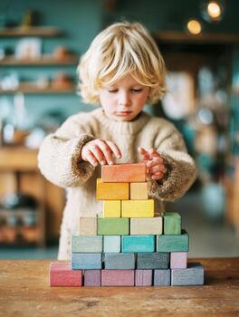 Cute blond child playing with colorful wooden building blocks at home photo