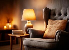 Warm lit lamp illuminating cozy armchair in living room photo