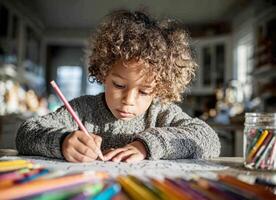 Cute child drawing with colored pencils at home photo
