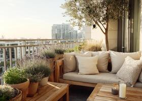 Cozy balcony garden with olive tree and city view in sunset light photo