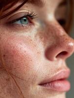 Close up of redhead woman with freckles showing natural beauty photo