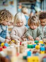 Diverse children playing with building blocks in kindergarten photo