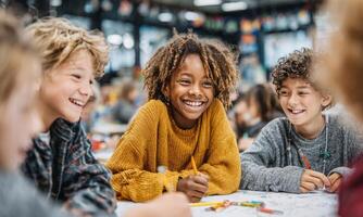 Elementary school students collaborating on art project, enjoying creative learning experience photo