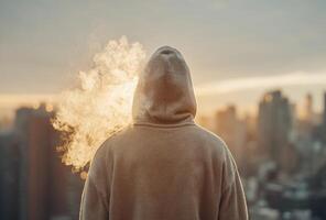 Young man vaping electronic cigarette watching sunrise over city skyline photo