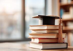 Graduation cap sitting on a stack of books in a library setting, celebrating academic achievement photo