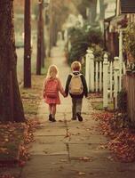 Two young students walking home from school in autumn photo