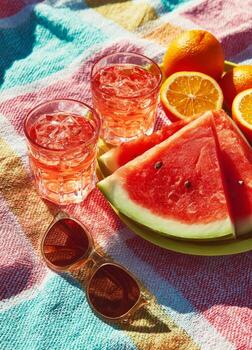 Watermelon slices and refreshing drinks create a vibrant summer picnic scene photo